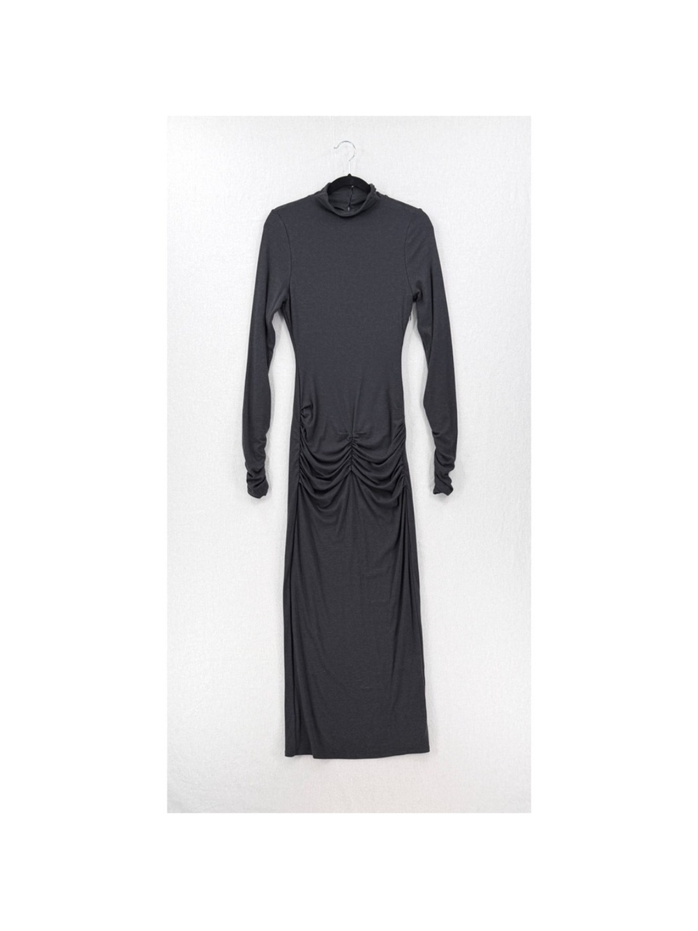 SER.O.YA Fina Tea Length Dress Large Charcoal Grey Ruched Mock Neck Long Sleeve - Picture 4 of 16